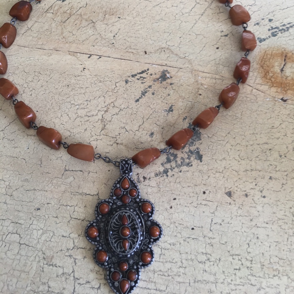 Adorable Silver Statement Necklace w/ Brown Beads